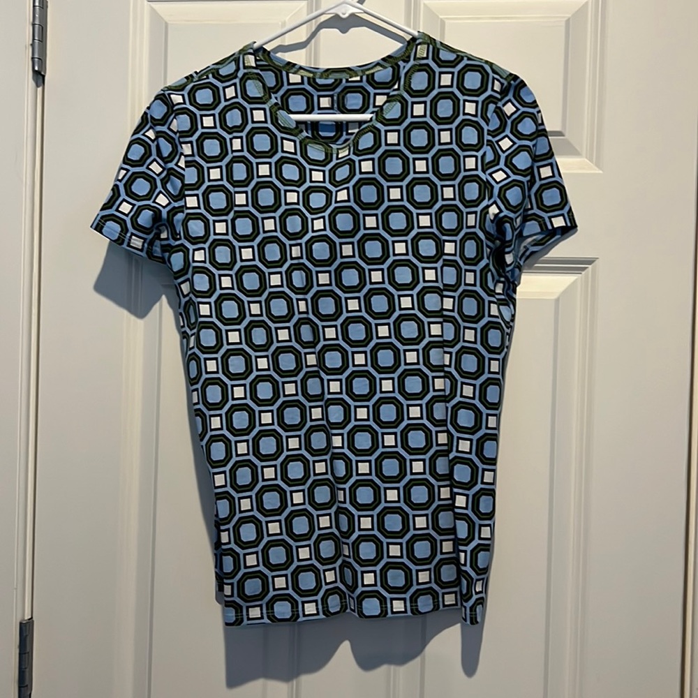 Tory Burch. Geo print blue t-shirt. Size medium. 100% cotton.